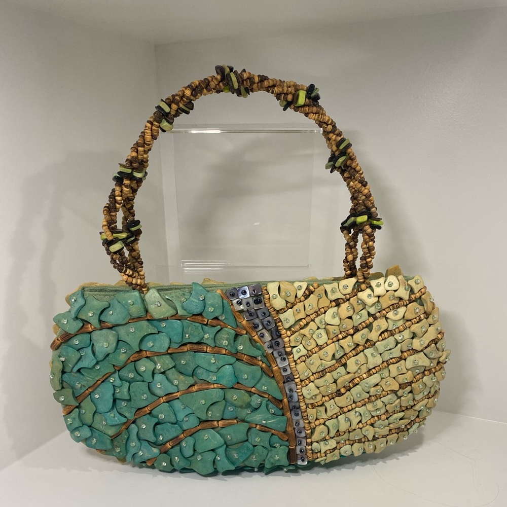 COCONUT SHELL AND ABALONE HANDBAG 10” by 5”